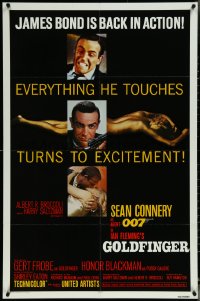 6f0946 GOLDFINGER 1sh R1980 three images of Sean Connery as James Bond 007, he's back in action!