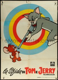 6f0143 LA SFIDA DI TOM E JERRY Italian 1p 1959 cartoon art of Tom pointing gun at Jerry, rare!