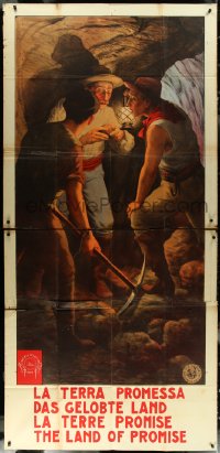 6f0224 LAND OF PROMISE Italian 40x82 1913 art of men working in mine finding gold, ultra rare!