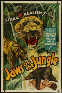 6f1002 JAWS OF THE JUNGLE 1sh 1936 orangtuan & baby, tigers of Sri Lanka jungle on rampage, rare!