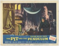 6f0495 PIT & THE PENDULUM LC #8 1961 close up of Vincent Price by man on table under giant blade!