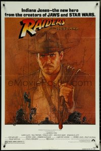6f1171 RAIDERS OF THE LOST ARK 1sh 1981 great art of adventurer Harrison Ford by Richard Amsel!