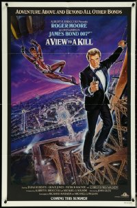 6f1340 VIEW TO A KILL advance 1sh 1985 Moore as James Bond, Jones, Goozee purple background art