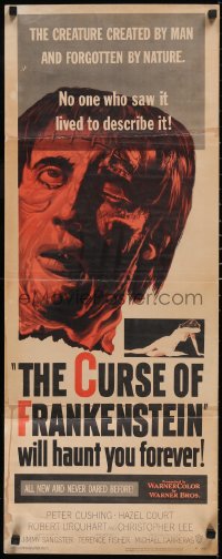 6g0216 CURSE OF FRANKENSTEIN insert 1957 cool close up artwork of Christopher Lee as the monster!