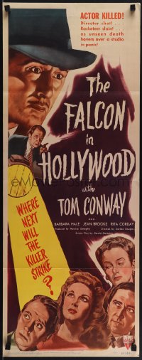 6g0222 FALCON IN HOLLYWOOD insert 1944 Tom Conway, where next will the killer strike, ultra rare!