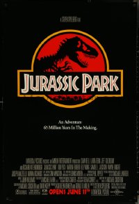 6g0853 JURASSIC PARK advance 1sh 1993 Steven Spielberg, classic logo with T-Rex over red background!