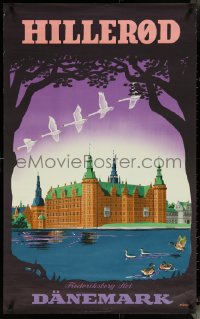 6g0685 HILLEROD 24x39 Danish travel poster 1950s birds flying over Frederiksborg Castle, ultra rare!