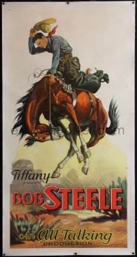 6h0306 BOB STEELE linen style A 3sh 1930s great art of the cowboy star on bucking bronco, ultra rare!