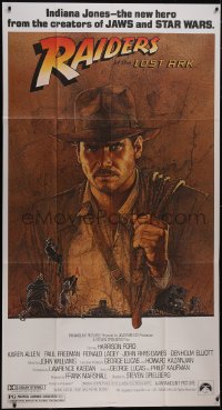 6h0168 RAIDERS OF THE LOST ARK 3sh 1981 great art of adventurer Harrison Ford by Richard Amsel!