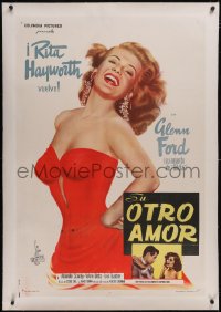 6h0538 AFFAIR IN TRINIDAD linen Argentinean 1952 art of sexy Rita Hayworth in red dress, ultra rare!