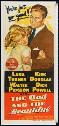 6h0427 BAD & THE BEAUTIFUL linen Aust daybill 1953 art of Kirk Douglas roughing up Lana Turner!