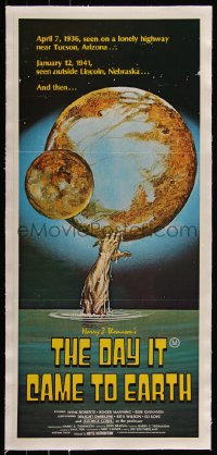 6h0429 DAY IT CAME TO EARTH linen Aust daybill 1977 cool art of monster arm grabbing planet, rare!