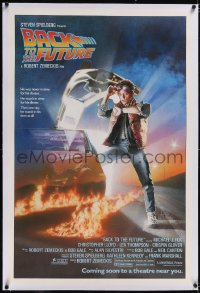 6h0762 BACK TO THE FUTURE linen advance 1sh 1985 great Drew Struzan art of Michael J. Fox & Delorean!