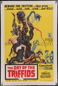 6h0800 DAY OF THE TRIFFIDS linen 1sh 1962 classic English sci-fi horror, cool art of monster w/girl!