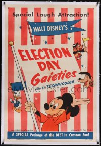 6h0813 ELECTION DAY GAIETIES linen 1sh 1953 cool political art of Mickey Mouse, Donald, Pluto!
