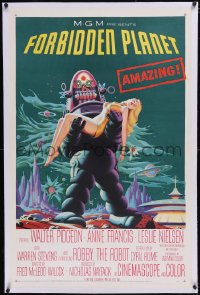 6h0830 FORBIDDEN PLANET linen 1sh 1956 most classic art of Robby the Robot holding sexy Anne Francis!