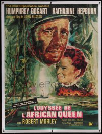 6h0365 AFRICAN QUEEN linen French 1p R1960s cool montage art of Humphrey Bogart & Katharine Hepburn!