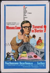 6h0836 FUNERAL IN BERLIN linen 1sh 1967 art of Michael Caine pointing gun, directed by Guy Hamilton!