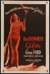 6h0839 GILDA linen 1sh R1950 classic full-length image of sexy smoking Rita Hayworth in sheath dress!