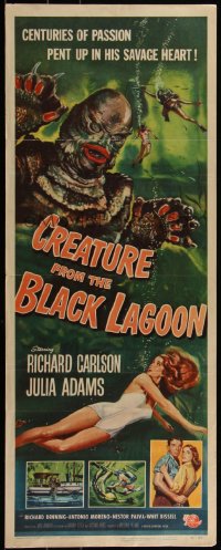 6h0278 CREATURE FROM THE BLACK LAGOON insert 1954 classic art of monster looming over Julie Adams!
