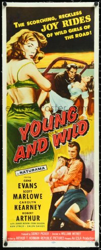 6h0418 YOUNG & WILD linen insert 1958 artwork of the reckless joy rides of wild girls of the road!
