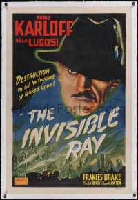 6h0866 INVISIBLE RAY linen 1sh R1948 great image of mad scientist Boris Karloff looming over city!