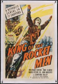 6h0876 KING OF THE ROCKET MEN linen 1sh 1949 cool pulp-like art of him flying, Republic serial!