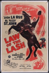 6h0883 LAW OF THE LASH linen 1sh 1947 great artwork image of Lash La Rue on rearing horse, rare!