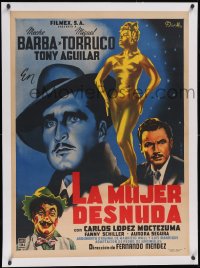 6h0687 LA MUJER DESNUDA linen Mexican poster 1953 Francisco Diaz Moffitt art of golden naked woman!