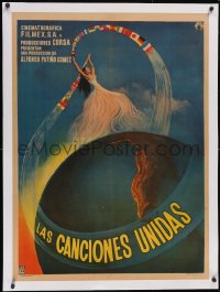 6h0693 LAS CANCIONES UNIDAS linen Mexican poster 1960 world united by song, girl w/ ribbon of flags!