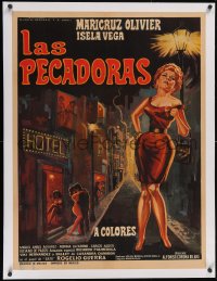 6h0694 LAS PECADORAS linen Mexican poster 1968 art of sexy prostitute in the red light district!