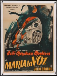 6h0699 MARIA LA VOZ linen Mexican poster 1955 Josep Renau art of girl running to abandoned church!