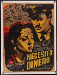 6h0708 NECESITO DINERO linen Mexican poster 1952 Renau art of Pedro Infante & Sarita Montiel, rare!