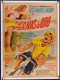 6h0712 PIERNAS DE ORO linen Mexican poster 1958 art of Clavillazo on bike & sexy girl, ultra rare!