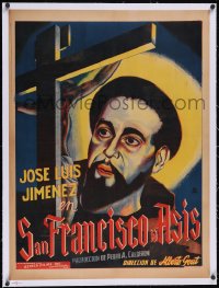 6h0720 SAN FRANCISCO DE ASIS linen Mexican poster 1944 art of Jimenez & Jesus on cross, ultra rare!