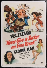 6h0922 NEVER GIVE A SUCKER AN EVEN BREAK linen 1sh 1941 Widhoff art of W.C. Fields, sexy Gloria Jean!