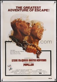6h0937 PAPILLON linen 1sh 1973 prisoners Steve McQueen & Dustin Hoffman by Tom Jung, Allied Artists!