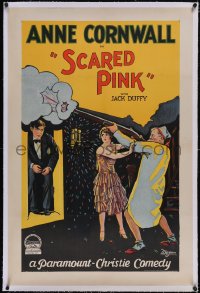6h0972 SCARED PINK linen 1sh 1927 Anne Cornwall grabs Jack Duffy's shooting arm, ultra rare!