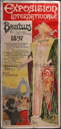 6h0346 BRUSSELS INTERNATIONAL EXPOSITION 1897 linen 49x108 Belgian poster 1897 cool art, ultra rare!