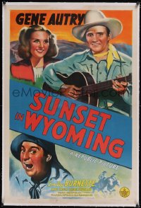 6h1001 SUNSET IN WYOMING linen 1sh 1941 art of Gene Autry w/guitar, Smiley Burnette & Maris Wrixon!!