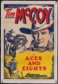 6h1019 TIM MCCOY linen 1sh 1930s art of cowboy on his horse & c/u holding gun, Aces and Eights!