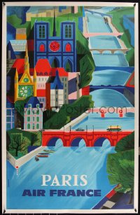 6h0592 AIR FRANCE PARIS linen 25x39 French travel poster 1960 Vernier art of Seine river, ultra rare!