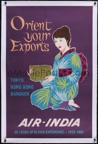 6h0593 AIR INDIA ORIENT linen 29x39 Indian travel poster 1962 art of woman in kimono, ultra rare!