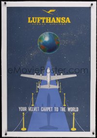 6h0600 LUFTHANSA linen 24x36 German travel poster 1950s Buttgen art of plane over carpet, ultra rare!