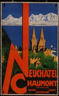 6h0605 NEUCHATEL CHAUMONT linen 24x38 Swiss travel poster 1930s great Eric de Coulon art, ultra rare!