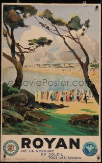 6h0608 ROYAN linen 25x39 French travel poster 1930s Lucien Peri art of people at beach, ultra rare!