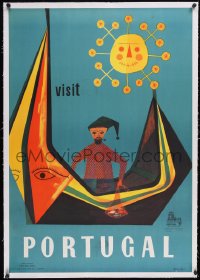 6h0610 VISIT PORTUGAL linen 27x39 Portuguese travel poster 1953 Rodrigues art of fisherman in boat!