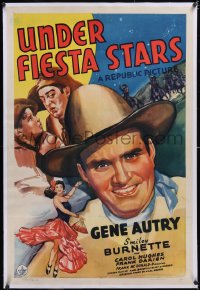 6h1027 UNDER FIESTA STARS linen 1sh 1941 great art of Gene Autry plus comic Smiley Burnette!