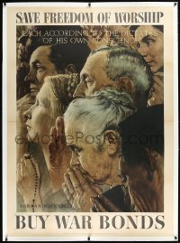 6h0342 SAVE FREEDOM OF WORSHIP linen 40x56 WWII war poster 1943 Norman Rockwell Four Freedoms art!