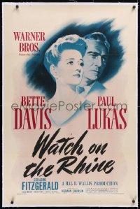 6h1037 WATCH ON THE RHINE linen 1sh 1943 Bette Davis & Lukas, by Dashiell Hammett & Lillian Hellman!